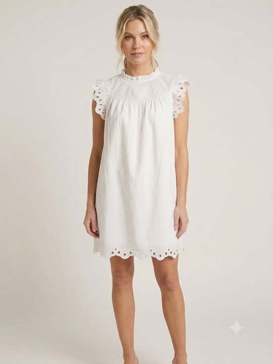 crown & ivy Dresses & Skirts - Crown & Ivy White Eyelet Smocked Mini Dress Size Large Boho Summer Cotton